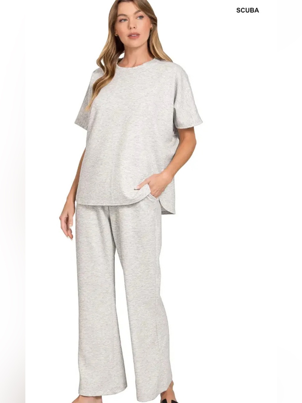 ZENANA Scuba Curved Hem Pant in Heather Gray